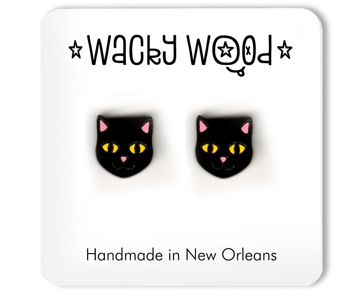 Black Cat Head Earrings, Stud Earrings, Novelty Earrings, Wooden Earring